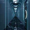 Futuristic KTV Corridor Design With Blue Neon Lights Sleek Black Marble Floor And Reflective Surface