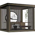 Chinese Garden Pavilion with Lattice Design Circular Decorative Painting and Interior Furniture