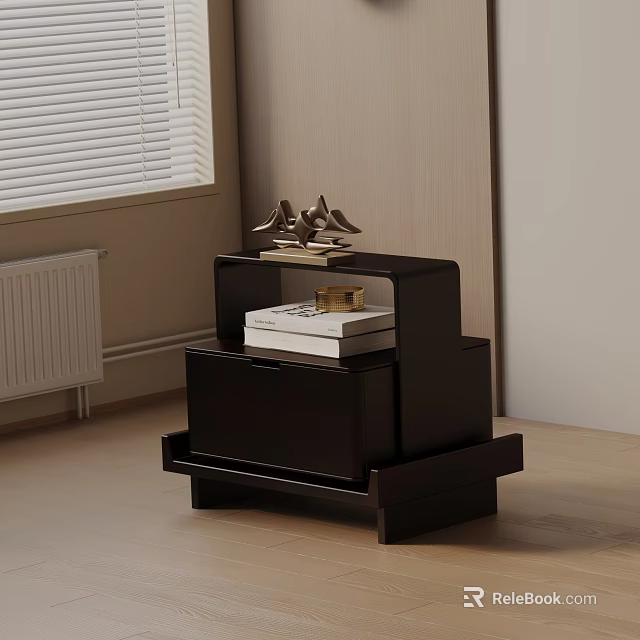 Modern Black Bedside Table With Layered Design And Books Plus Small Boat Sculpture 3d model 
