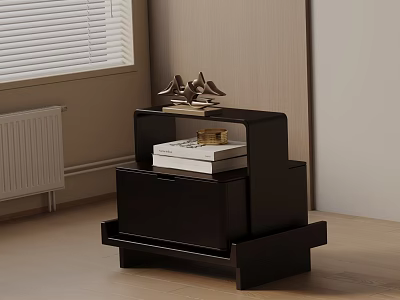 Modern Black Bedside Table With Layered Design And Books Plus Small Boat Sculpture 3d model