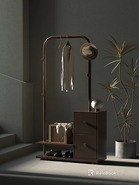 Modern Wooden Coat Rack With Hanging Clothes Straw Hat Cabinet Ball And Potted Plant 3d model 