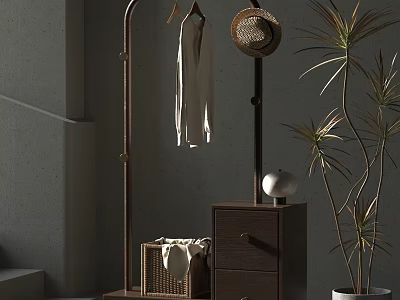 Modern Wooden Coat Rack With Hanging Clothes Straw Hat Cabinet Ball And Potted Plant 3d model