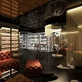 Modern Bar Interior With Open Wine Racks Stylish Lighting Black Flooring And White Frames