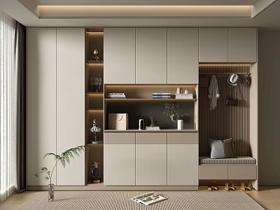 Modern Light Luxury Beige Shoe Cabinet with Minimalist Design Storage Compartments and Shoe Bench 3d model