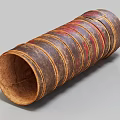 Vintage Handcrafted Cylindrical Container With Layered Brown Red Yellow Stripes And Textured Surface
