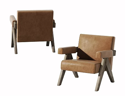 Comfortable Brown Leather Single Sofa With Wooden Legs Modern Stylish Design 3d model