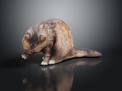 Brown Tabby Cat Sitting Looking Down On Dark Reflective Surface 3d model