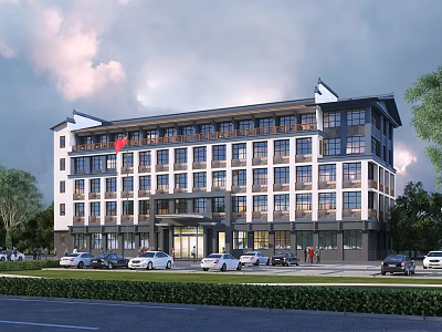 Modern Multi Story Office Building With Red Flag Large Windows And Green Surroundings 3d model