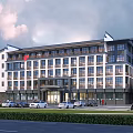 Modern Multi Story Office Building With Red Flag Large Windows And Green Surroundings