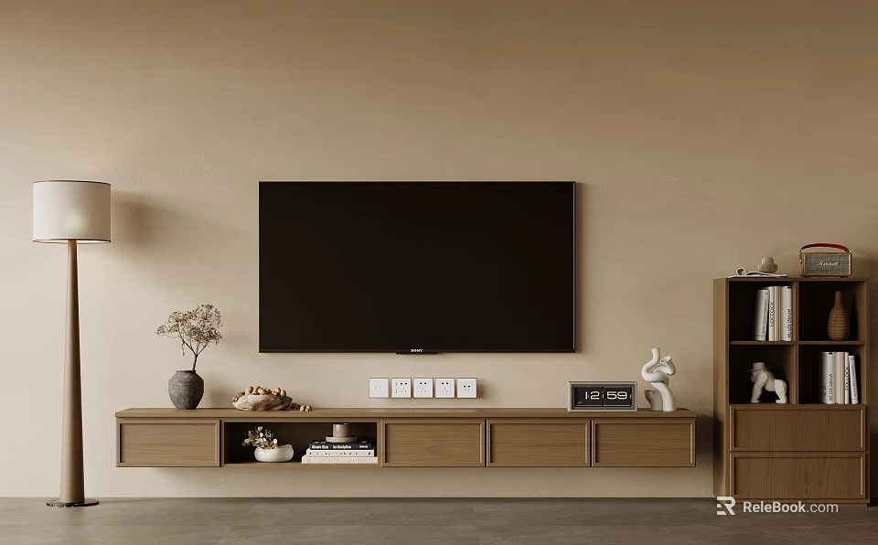 Modern Wooden TV Stand Featuring Mounted TV Decorative Figurines Books and Vase on Beige Wall 3d model 
