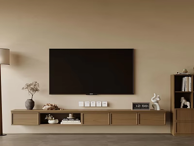 Modern Wooden TV Stand Featuring Mounted TV Decorative Figurines Books and Vase on Beige Wall 3d model