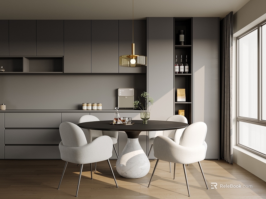 Elegant Modern Dining Room Interior With Round Table White Chairs Gray Cabinets And Pendant Light 3d model 