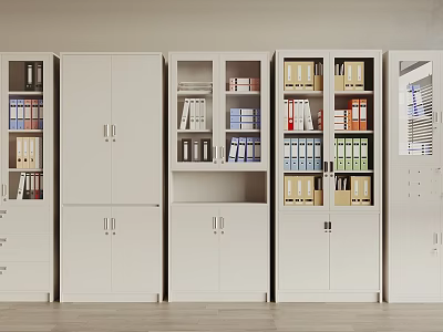 White Office Storage Cabinets Featuring Files Books And Multiple Closed Doors 3d model