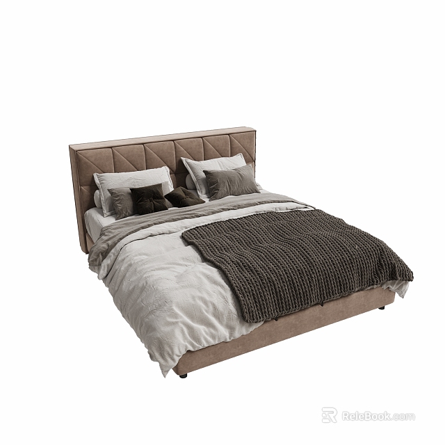 Modern Double Bed With Diamond Tufted Beige Upholstered Headboard And Gray Pillows Blanket 3d model 
