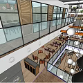 Modern Restaurant Interior With Open Kitchen White Tile Walls Round Pendant Lights And Wooden Tables