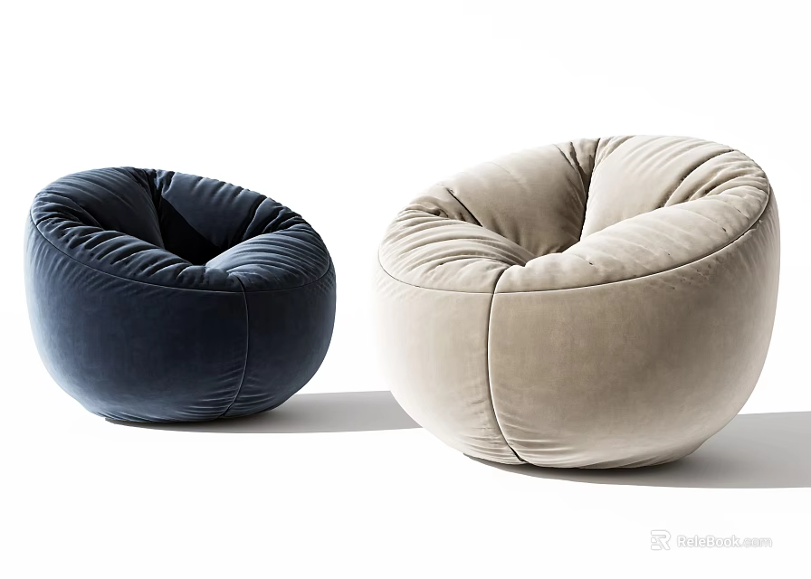 Navy Blue and Beige Velvet Round Bean Bag Chair for Modern Living Room 3d model 