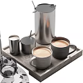 Dark Gray Coffee Mugs With Wooden Tray And Stainless Steel Containers On Marble Patterned Surface