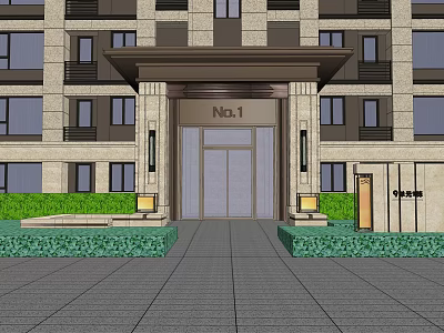 Elegant Main Entrance Gate With Number 1 Sign Glass Doors Lamp Posts And Green Shrubs 3d model