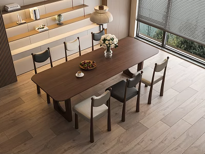 Modern Wooden Dining Table Set With Mixed Color Chairs And Flower Vase On Wooden Floor Interior 3d model