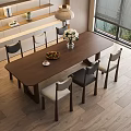 Modern Wooden Dining Table Set With Mixed Color Chairs And Flower Vase On Wooden Floor Interior