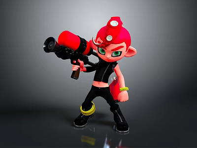 Spiky Red Hair Green Eyes Game Character Holding Red Weapon In Black Outfit With Yellow Accessories 3d model