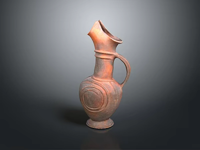 Handmade Carved Clay Sculpture Vase With Curved Spout Handle Circular Patterns Reddish Brown Design 3d model