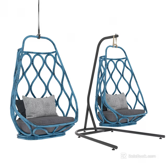 Blue Rattan Swing Chair with Gray Cushions Hanging and Stand Design 3d model 