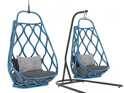 Blue Rattan Swing Chair with Gray Cushions Hanging and Stand Design 3d model