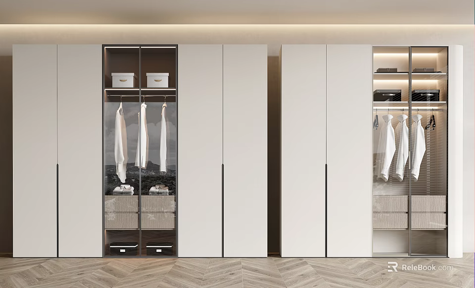 Modern White Closet Interior With Open Design Hanging Area Drawers And Glass Doors 3d model 