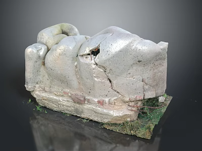 Broken Stone Sculpture With Wooden Base And Natural Grass Surroundings 3d model