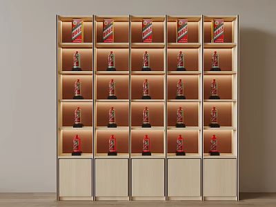 Modern Wooden Display Shelf with Multiple Layers and Red Bottles for Product 3d model