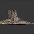 Wooden Stone Tree Stump Decorative Piece With Exposed Roots And Green Moss Base