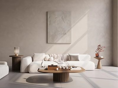 Minimalist Living Room Interior With Beige Wall Large Painting White Sofa And Wooden Coffee Table 3d model