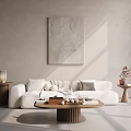 Minimalist Living Room Interior With Beige Wall Large Painting White Sofa And Wooden Coffee Table