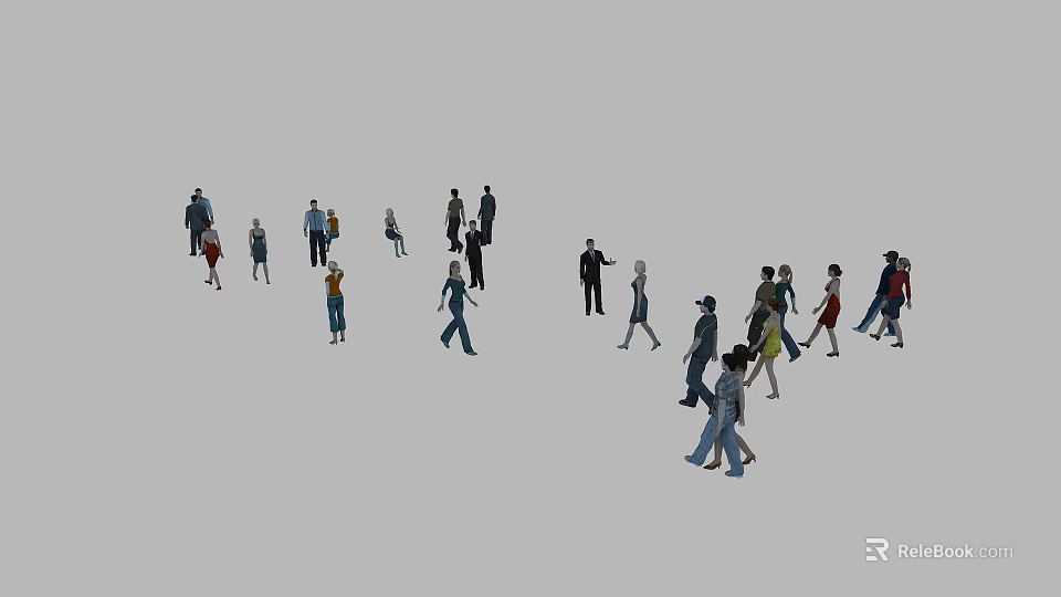 Group of People Walking in Urban Space with Casual Outfits and Various Directions 3d model 