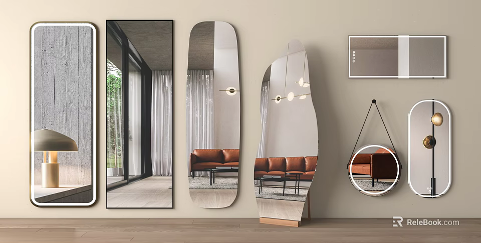 Modern Various Shaped Mirrors Wall Mounted And Standing Reflecting Living Room Furniture And Lighting 3d model 
