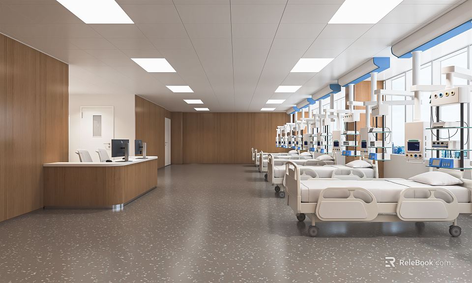 Modern Hospital Outpatient Clinic Interior Design With Reception Desk And Medical Facilities 3d model 