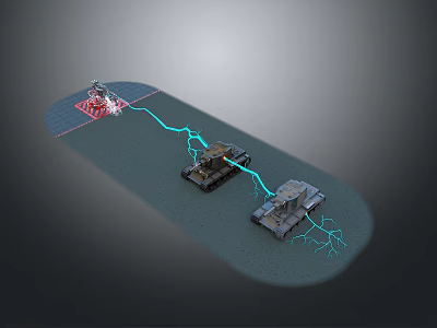 Two Military Tanks Connected by Blue Lightning Near Red Base on Gray Terrain 3d model