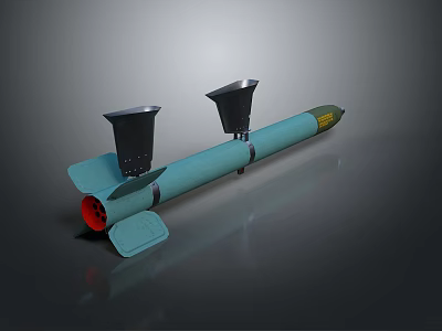 Light blue missile 3D model with two black thrusters red tail fins and aerodynamic design 3d model