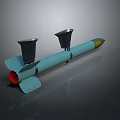Light blue missile 3D model with two black thrusters red tail fins and aerodynamic design