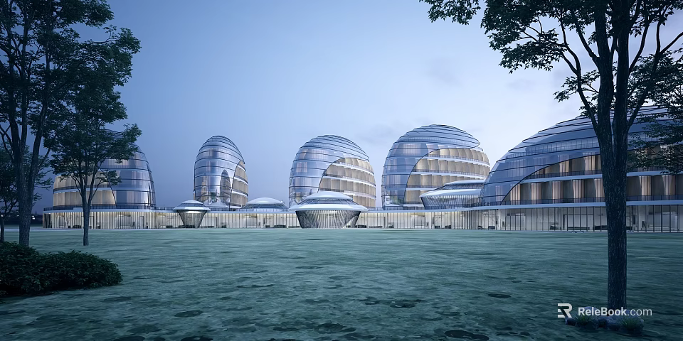 Modern Commercial Complex Featuring Dome Shaped Glass Facades And Lush Green Areas 3d model 
