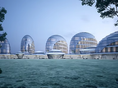 Modern Commercial Complex Featuring Dome Shaped Glass Facades And Lush Green Areas 3d model