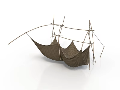 Two Brown Outdoor Hammocks with Wooden Stick Support and Simple Frame Structure 3d model