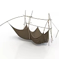 Two Brown Outdoor Hammocks with Wooden Stick Support and Simple Frame Structure 3d model