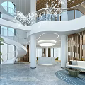 Modern Hotel Lobby Interior With Spiral Staircase White Chandelier And Wooden Slat Wall