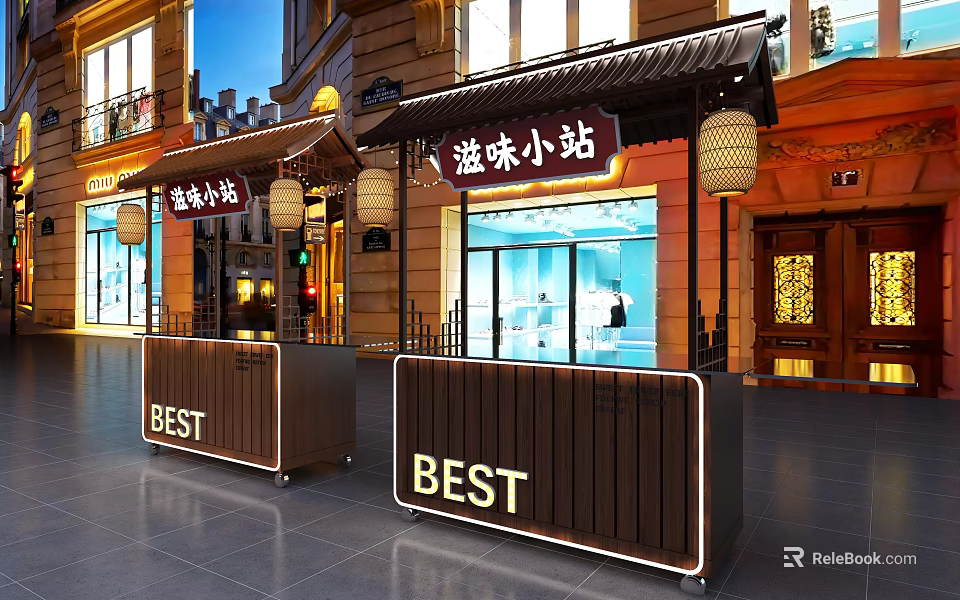 Traditional Chinese Taste Station Storefront With BEST Counters And Lantern Decor 3d model 