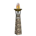 Outdoor Fire Pit with Various Colored Stone Base and Black Tray with Burning Flames