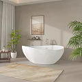 Elegant Bathroom Interior With White Freestanding Bathtub Beige Walls Framed Artwork Towel Ladder And Plant