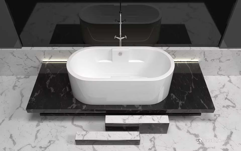 Modern White Bathtub Interior Design With Black Marble Countertop And Lighting 3d model 