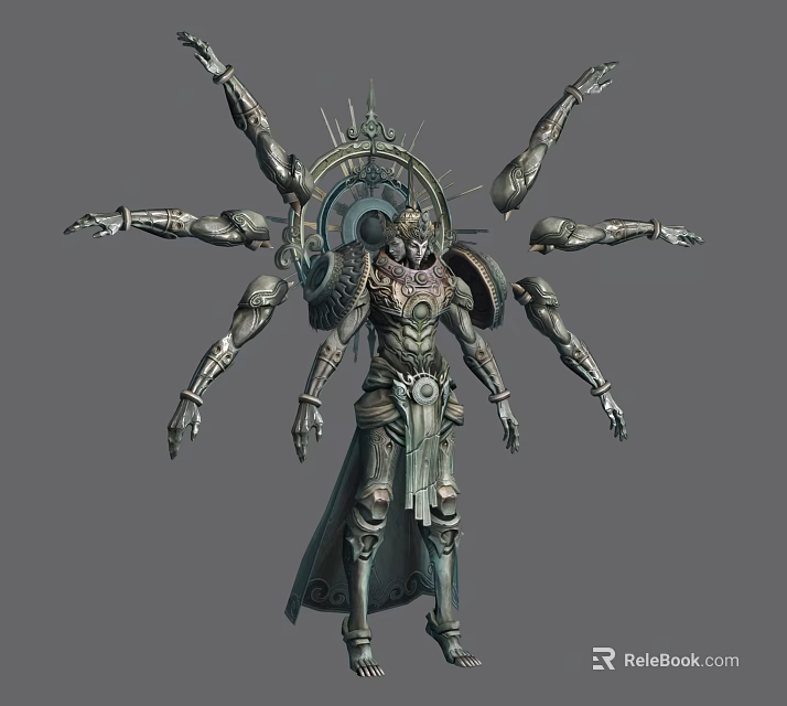 Multi Armed Mythical Character With Mechanical Armor And Halo Back Structure 3d model
